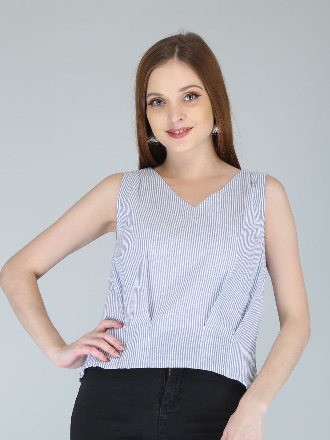 

IRIDAA JAIPUR Blue Striped Cotton Linen Top