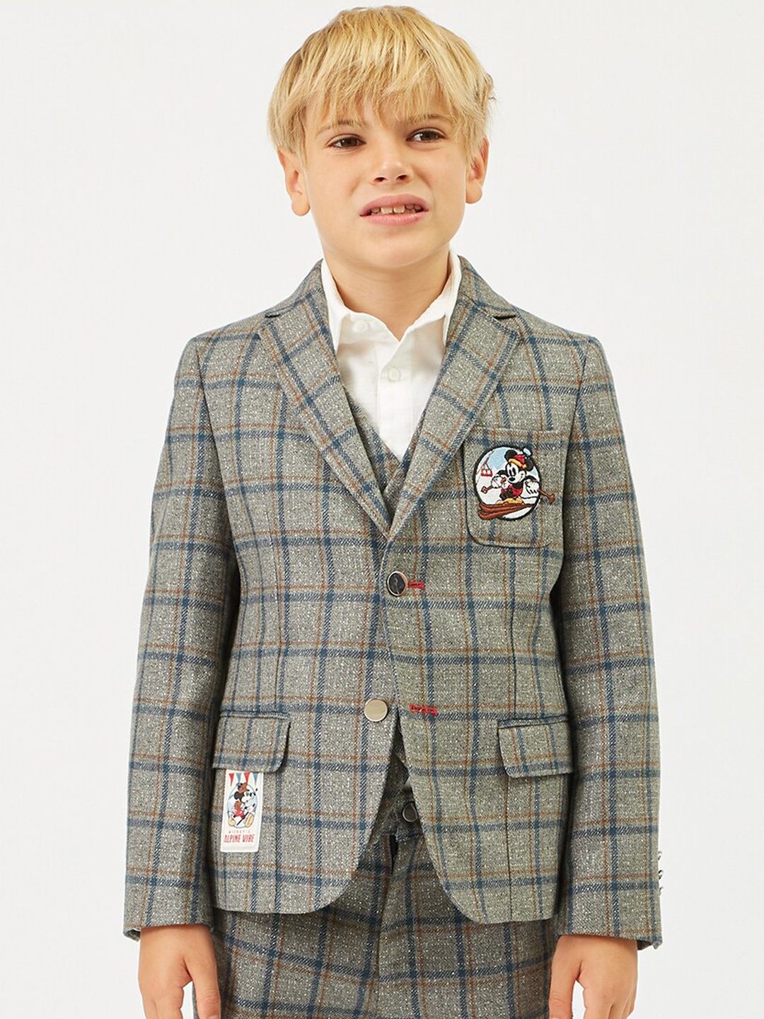 

One Friday Boys Grey Checked Single Breasted Mickey Mouse Blazer