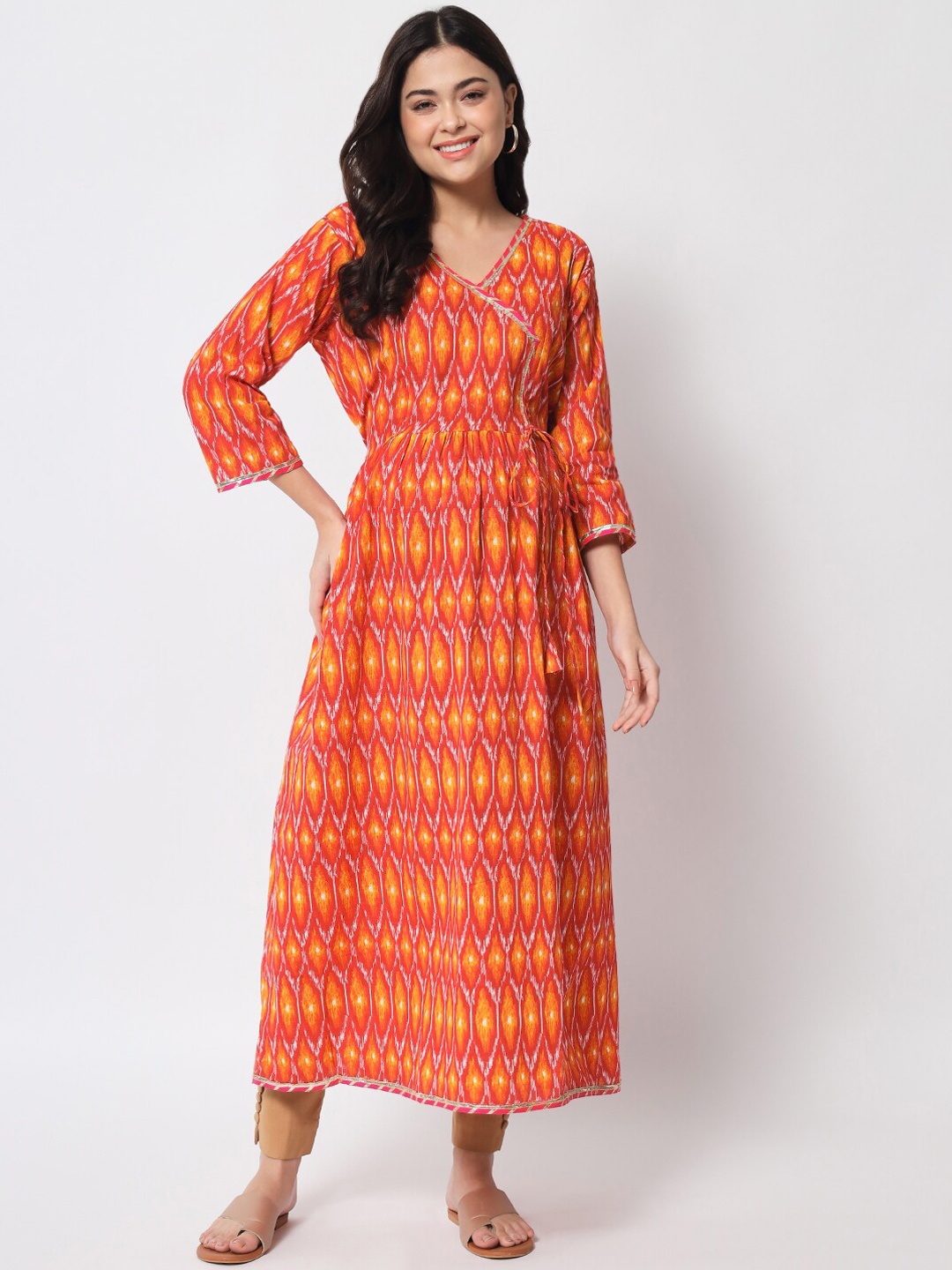 

Aujjessa Women Rust Geometric Printed Gotta Patti Pure Cotton Maternity Kurta