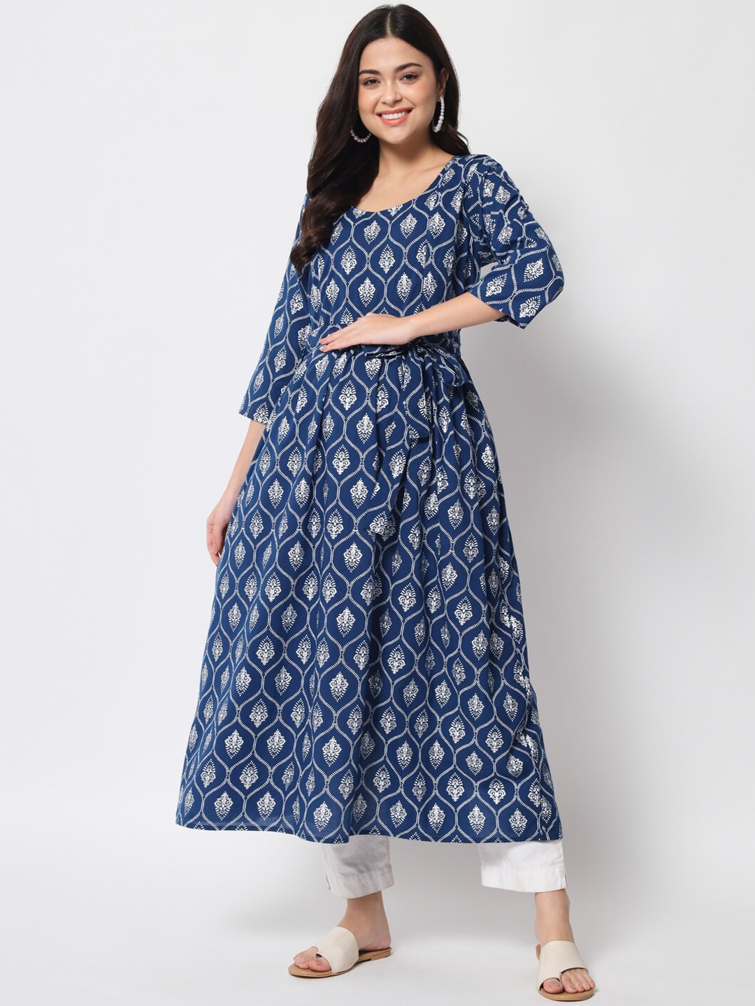 

Aujjessa Ethnic Motifs Printed Pure Cotton Maternity Kurta, Navy blue