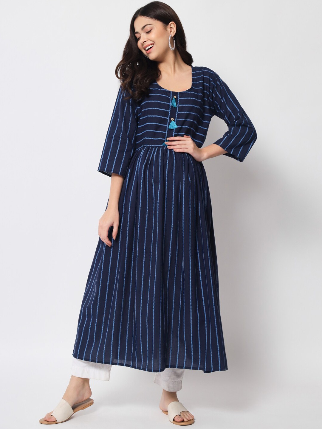 

Aujjessa Women Navy Blue Striped Pure Maternity Kurta