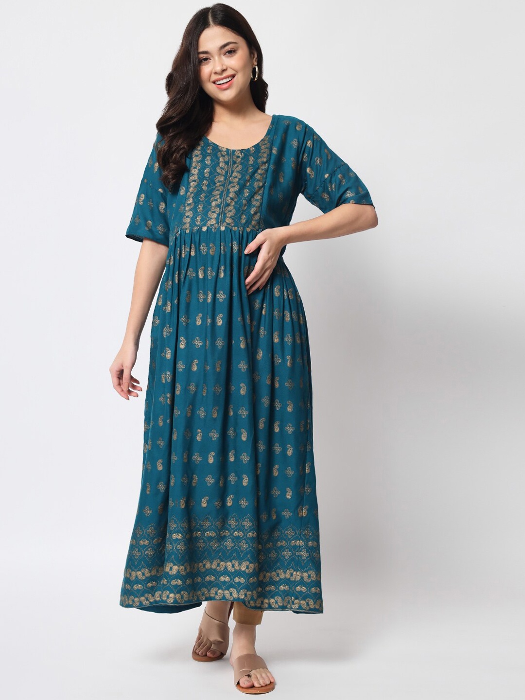 

Aujjessa Women Teal Ethnic Motifs Printed Maternity Kurta