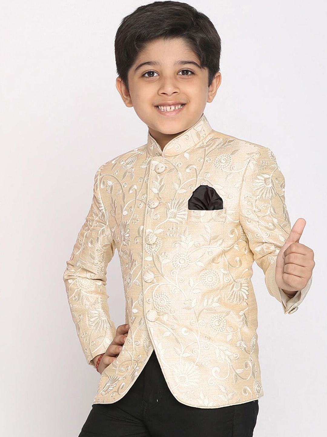 

VASTRAMAY Boys Beige Embroidered Slim-Fit Single-breasted Blazer