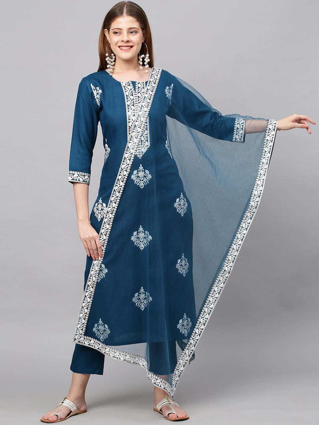 

KALINI Women Navy Blue Floral Embroidered Kurta with Trousers & Dupatta