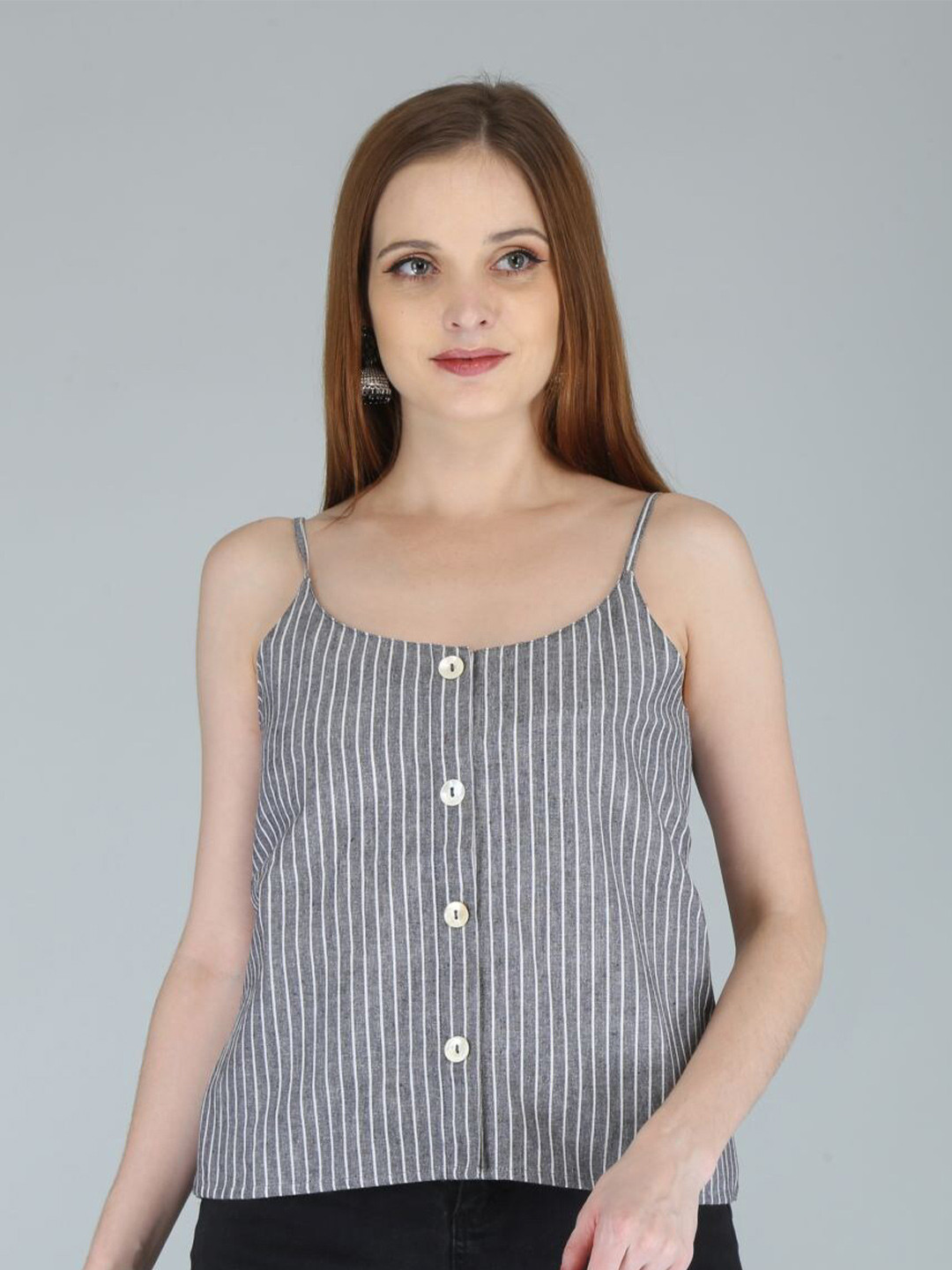 

FabbibaPrints Grey Striped Shoulder Straps Cotton Linen Top