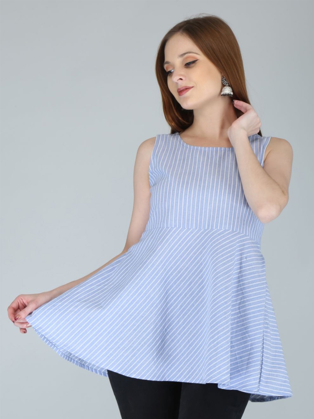 

FabbibaPrints Blue Striped Cotton Linen Peplum Top