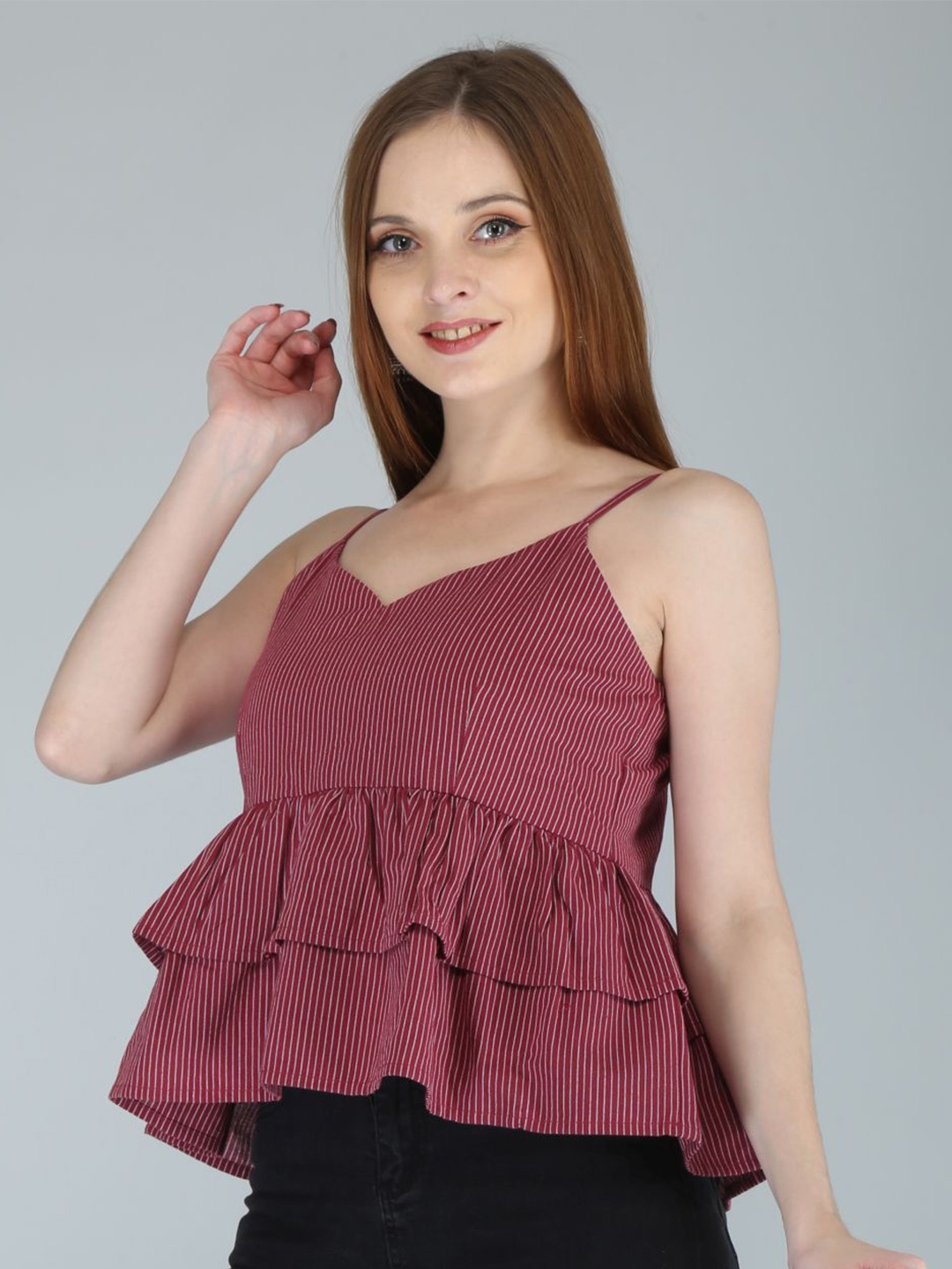 

FabbibaPrints Maroon White Striped Cotton Linen Top