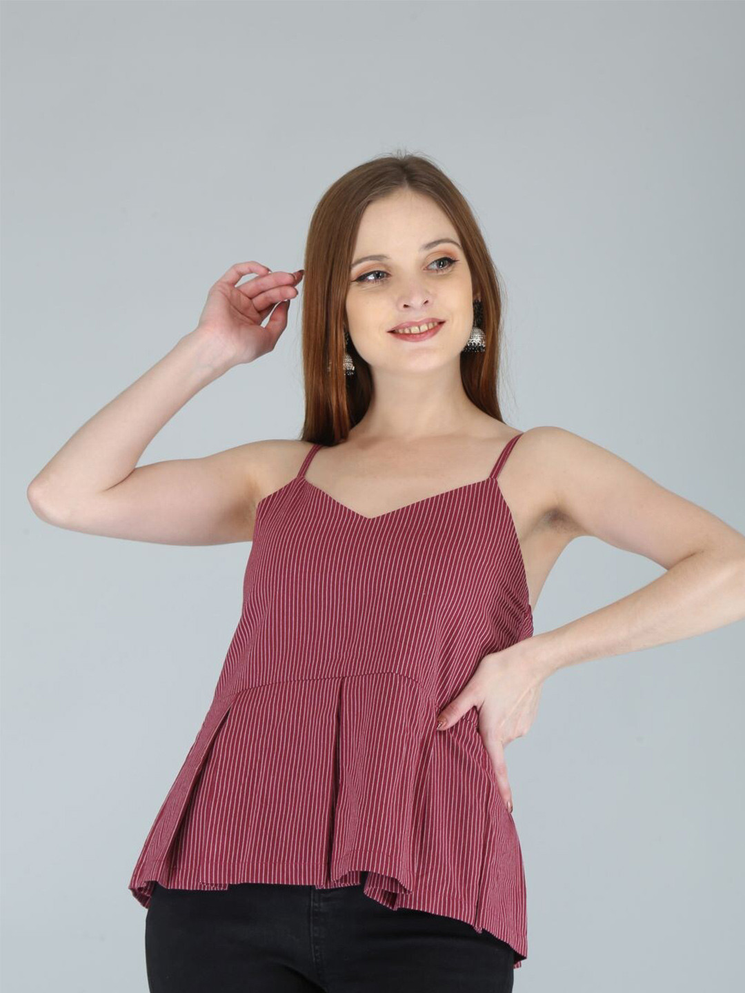

FabbibaPrints Maroon White Cotton Linen Striped Top
