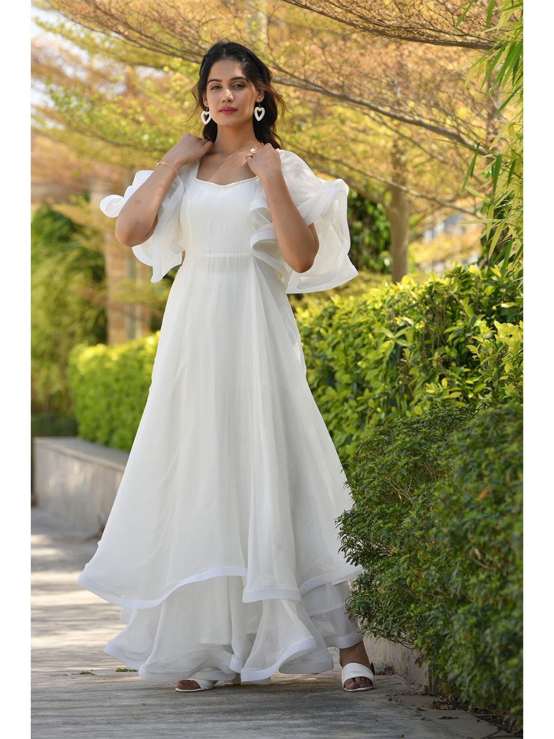 

Aaheli White Layered Ruffled Fit & Flare Cotton Dress