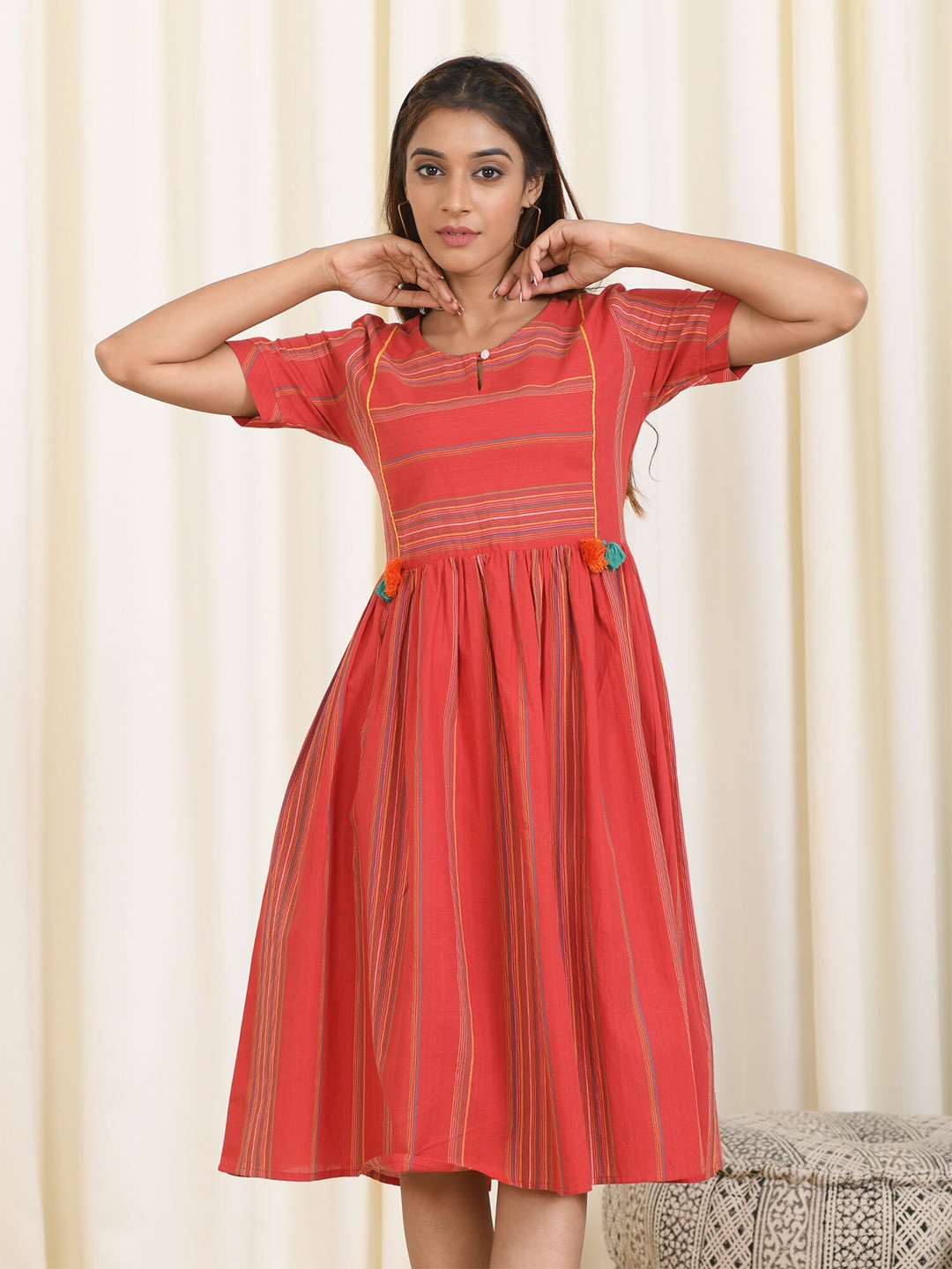 

Aaheli Red Striped Keyhole Neck Fit & Flare Cotton Dress