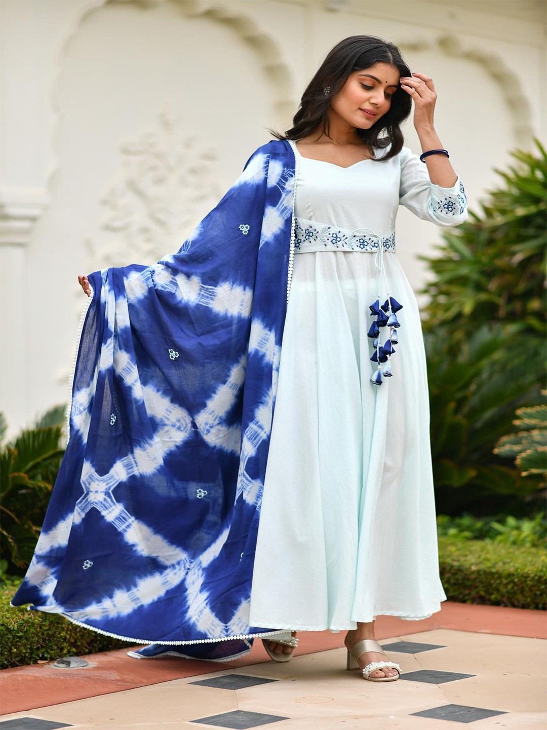 

Aaheli Women Blue Floral Embroidered Gotta Patti Cotton Anarkali Kurta With Dupatta