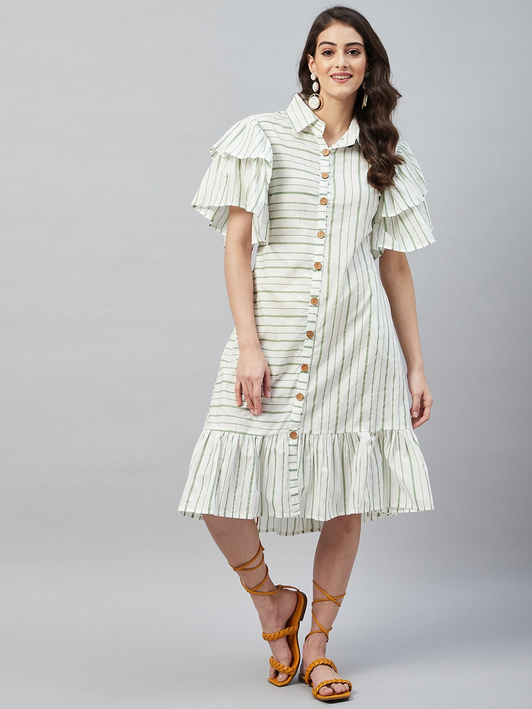 

Aaheli Off White & Olive Green Striped Flared Sleeves Flounce Cotton Shirt Dress