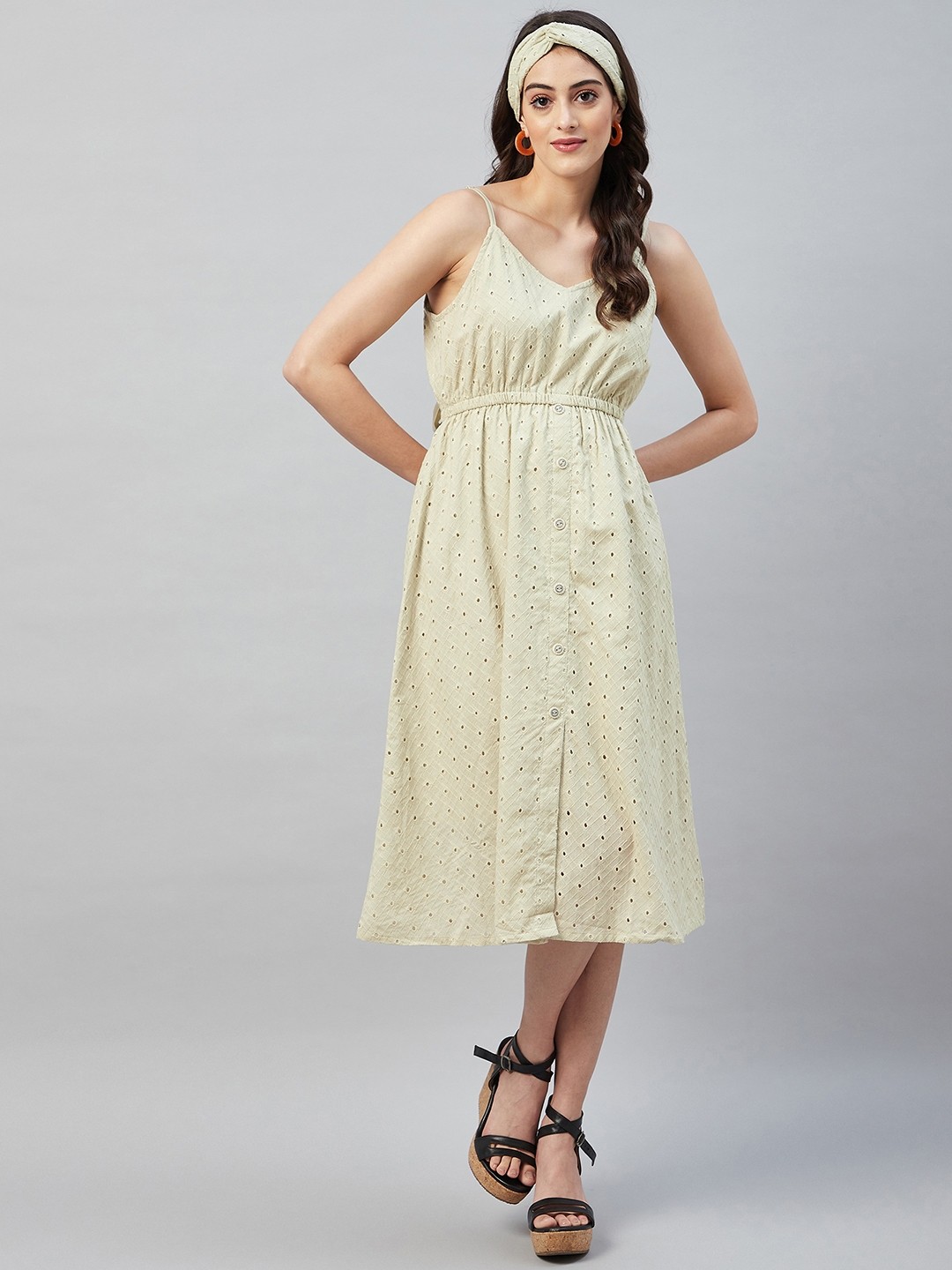 

Aaheli Green Shoulder Straps Schiffli Fit & Flare Cotton Dress