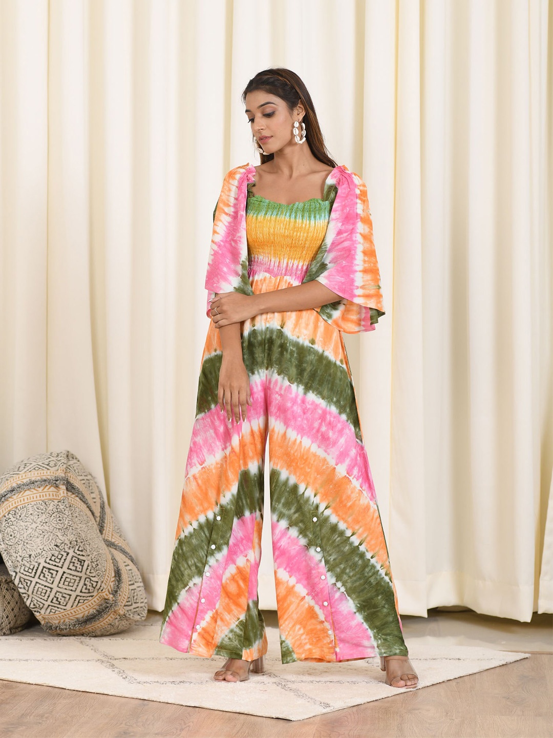 

Aaheli Pink & White Off-Shoulder Printed Basic Jumpsuit