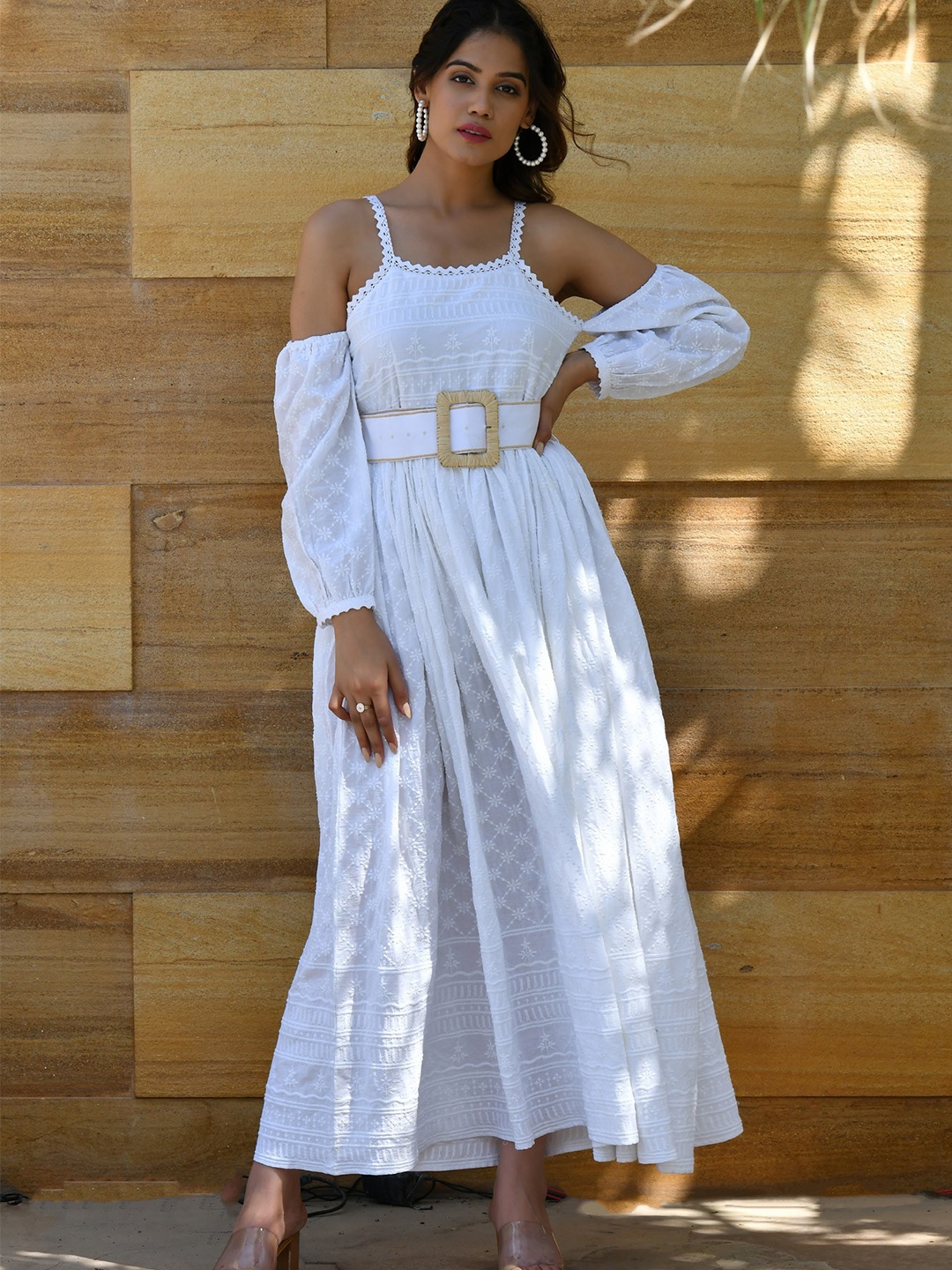 

Aaheli Cold-Shoulder Sleeve Maxi Cotton Dress, White