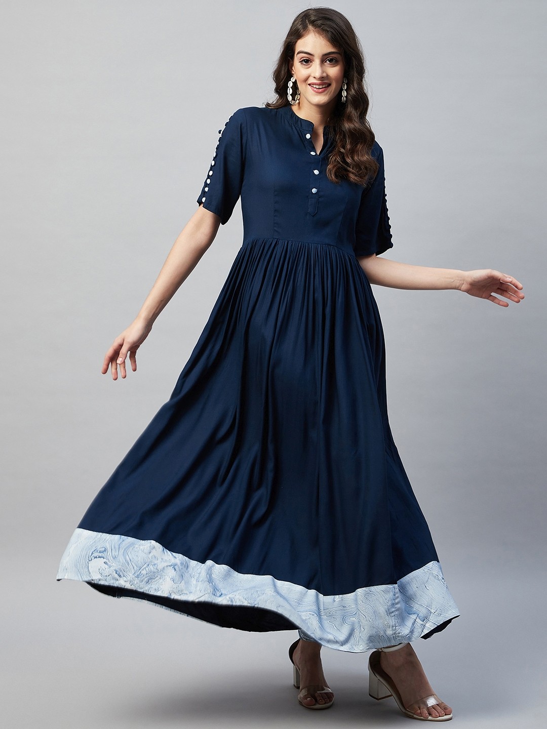 

Aaheli Mandarin Collar Fit & Flare Maxi Dress, Navy blue