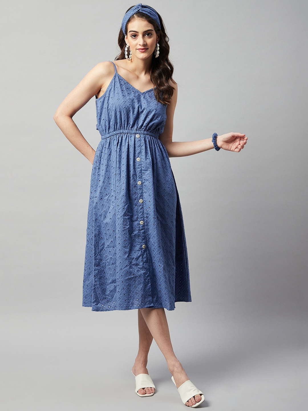 

Aaheli Fit & Flare Midi Cotton Dress, Blue