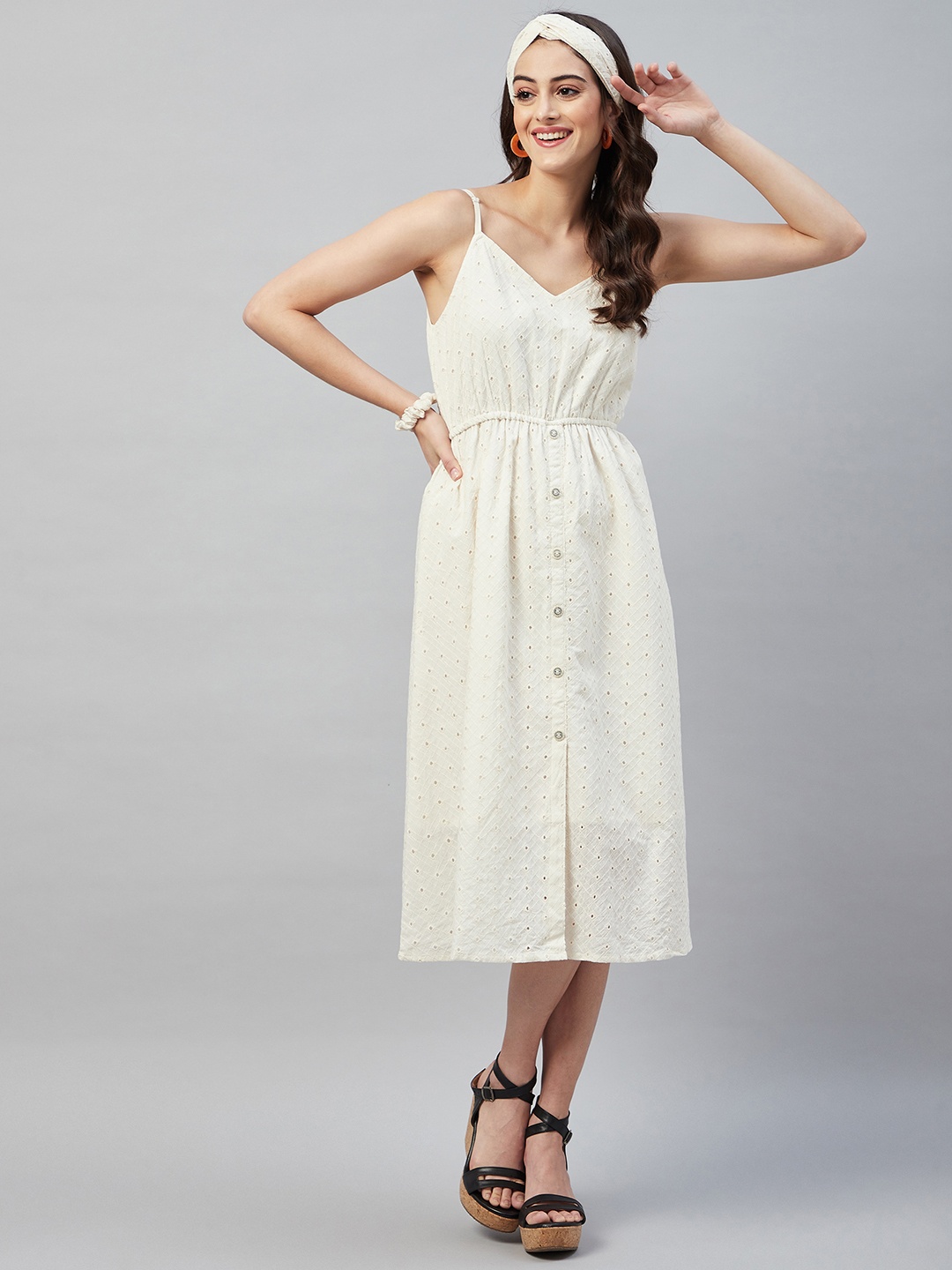 

Aaheli Fit & Flare Midi Cotton Dress, Off white