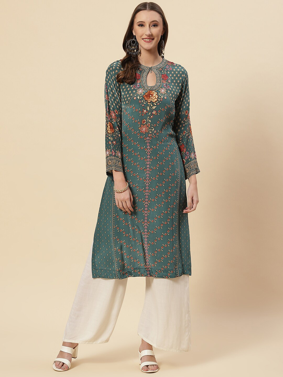 

Meena Bazaar Women Teal & Beige Floral Printed Keyhole Neck Crepe Kurta