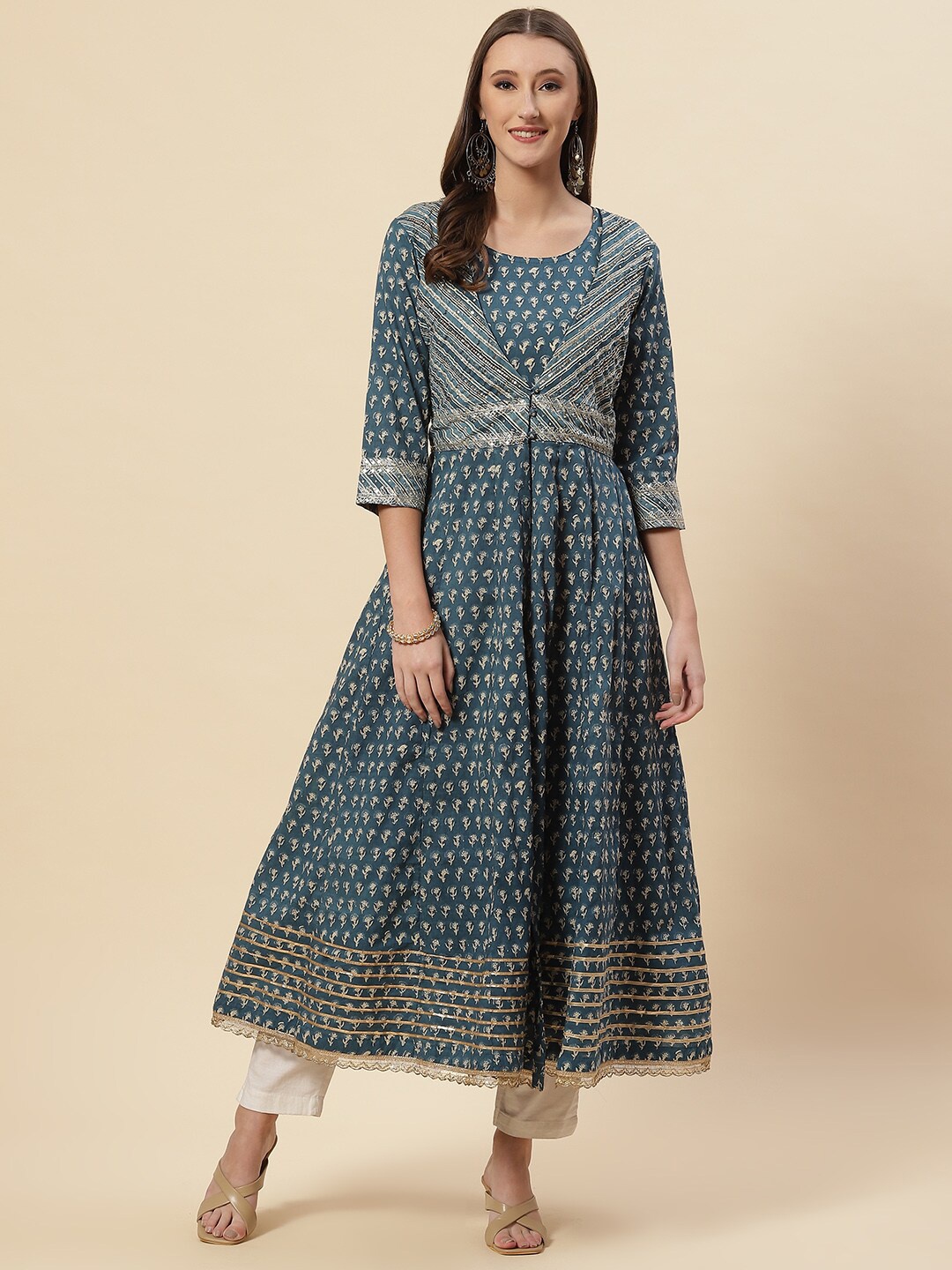 

Meena Bazaar Women Teal Geometric Printed Anarkali Kurta