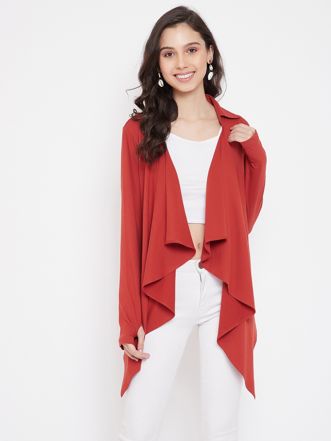 

Hypernation Women Red Longline Open Front Shrug