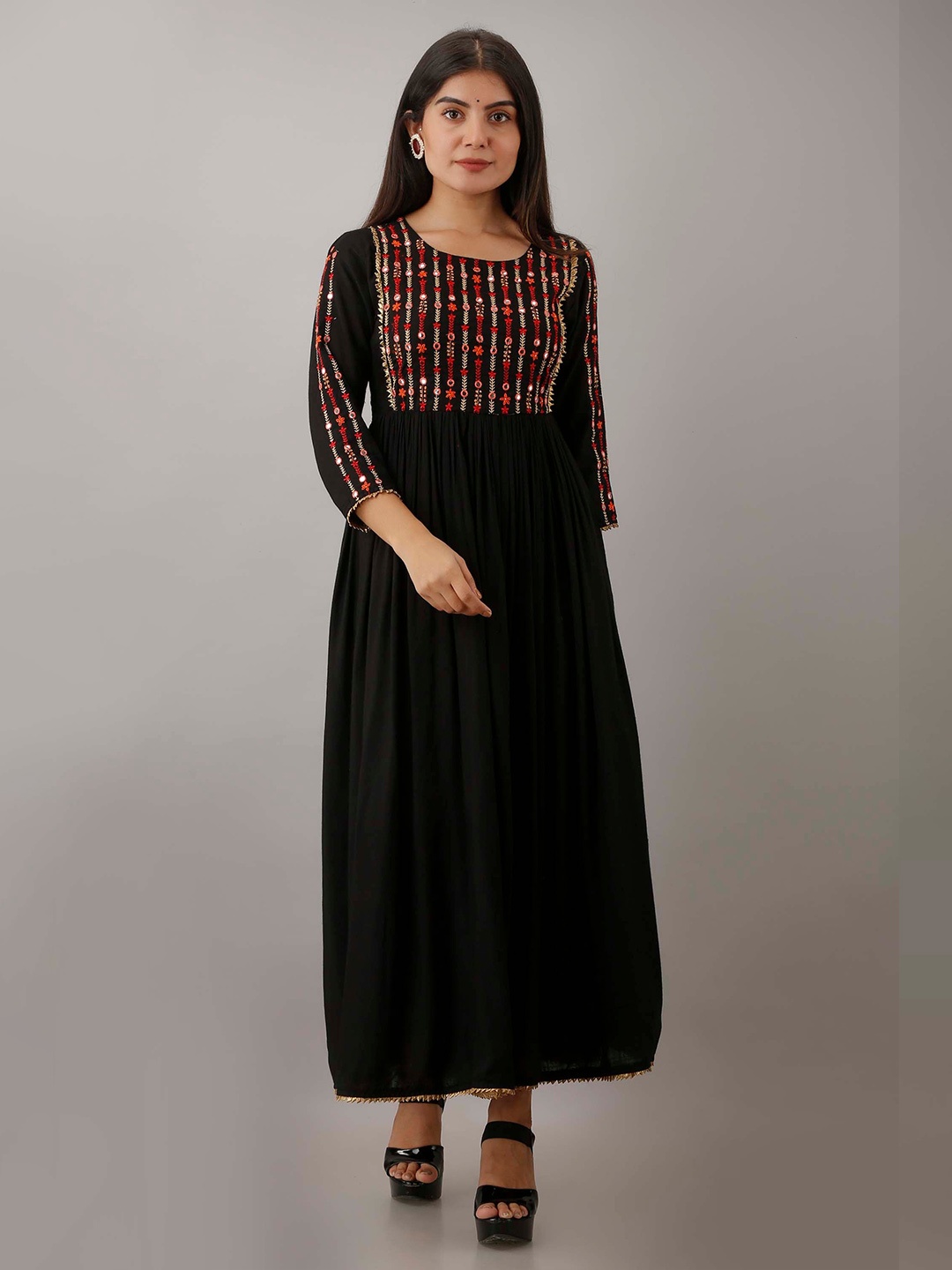 

KALINI Black Ethnic Motifs Embroidered Maxi Dress