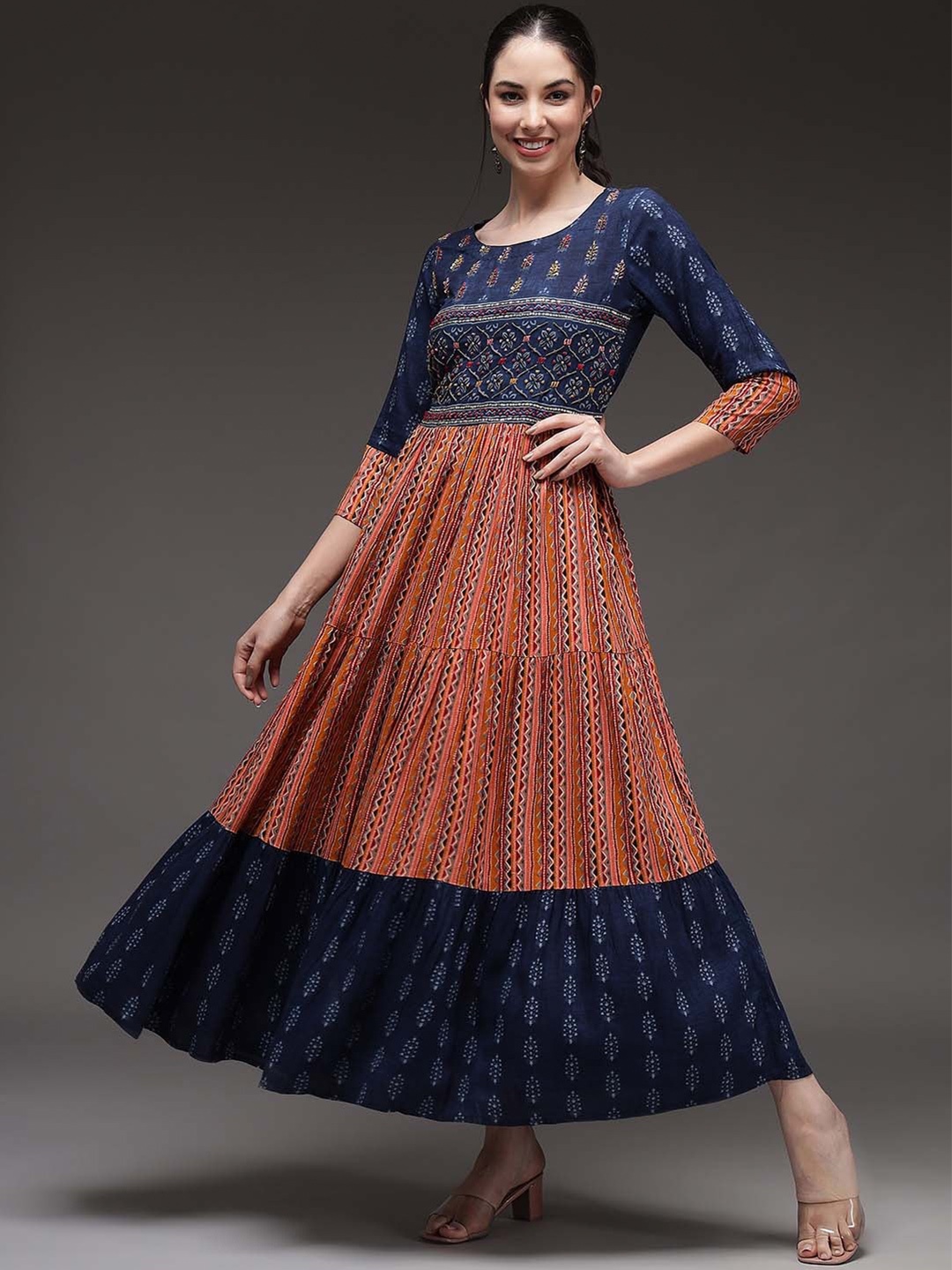 

KALINI Navy Blue & Rust Embroidered Ethnic Motifs Maxi Dress