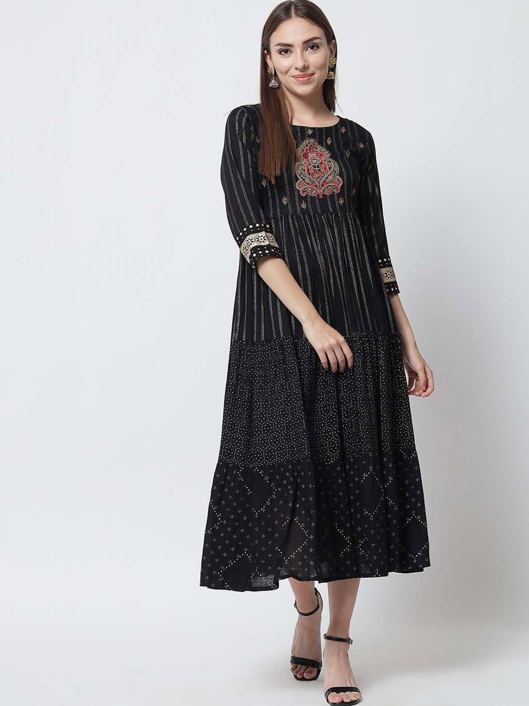 

KALINI Black Ethnic Motifs Embroidered Maxi Dress