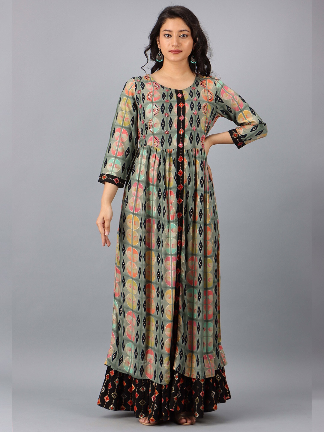 

KALINI Green & Black Ethnic Motifs Maxi Dress
