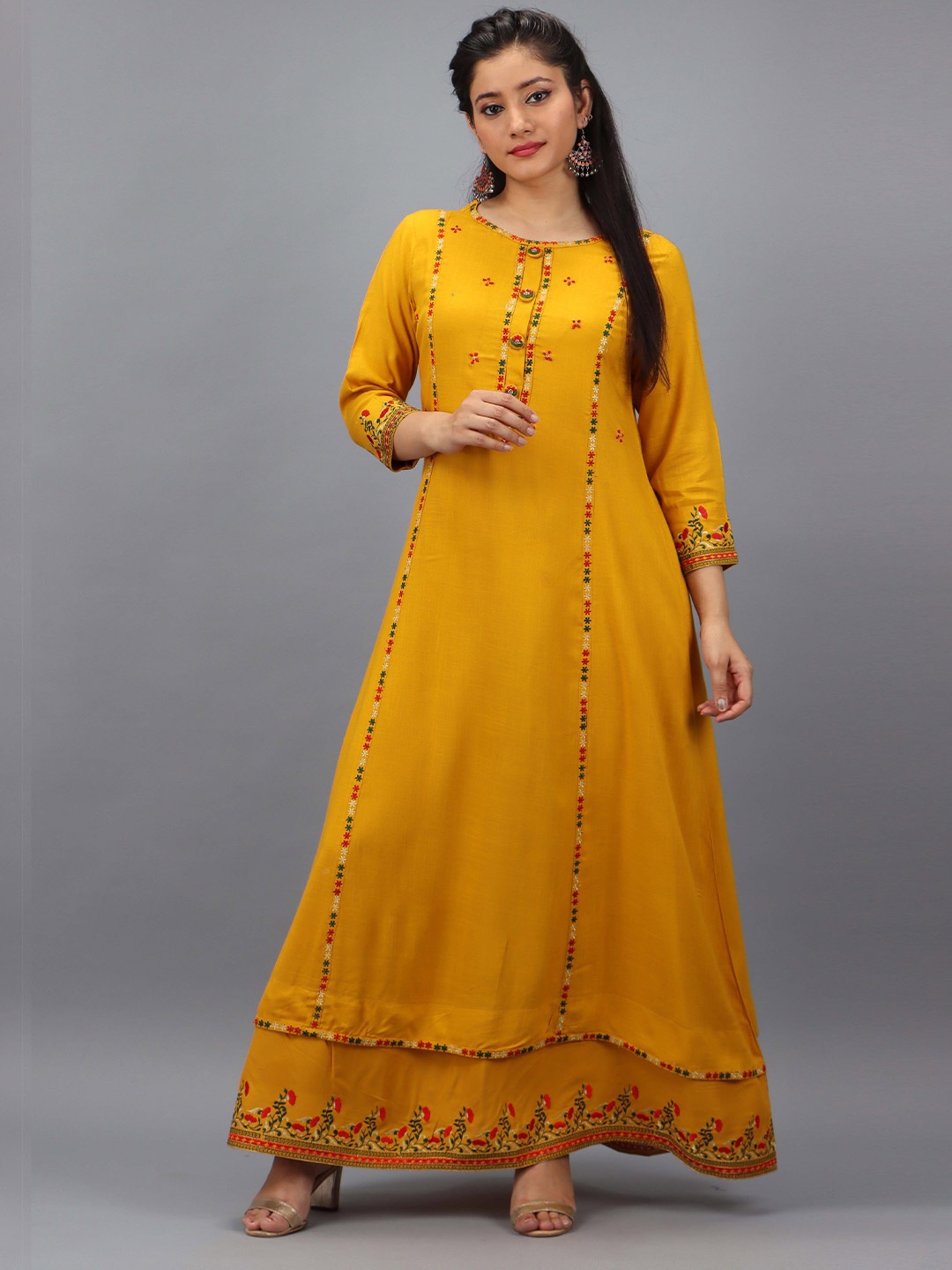 

KALINI Yellow Ethnic Motifs Embroidered A-Line Maxi Dress