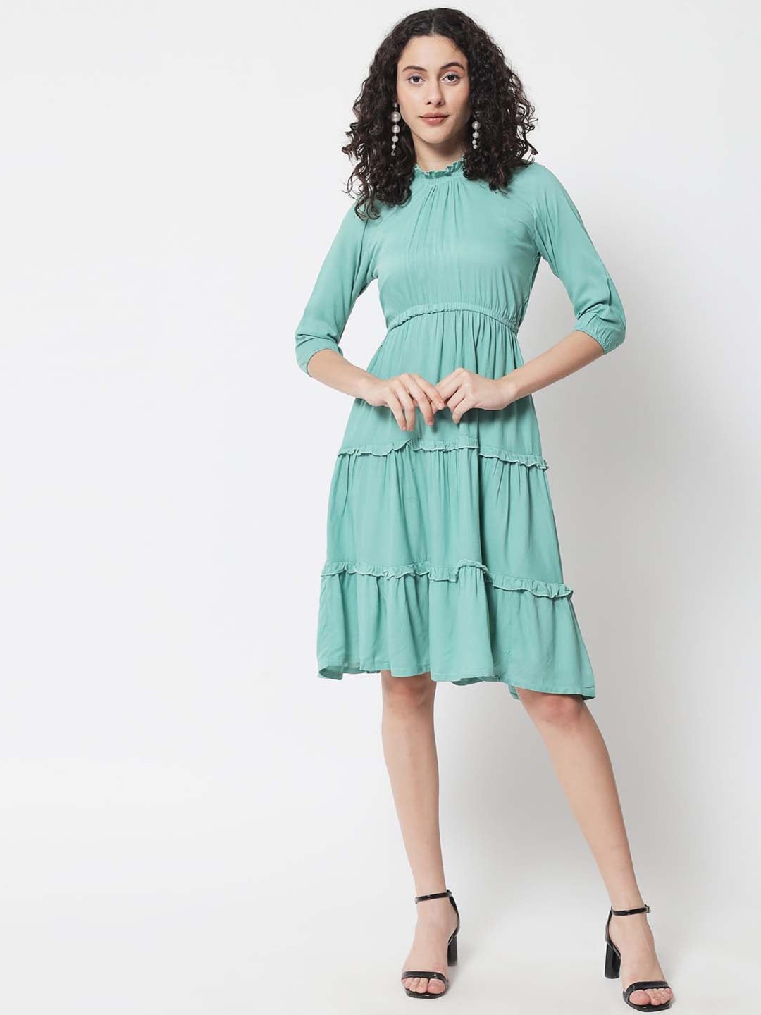 

KALINI Sea Green Tiered Fit and Flare Dress with Ruffled Details