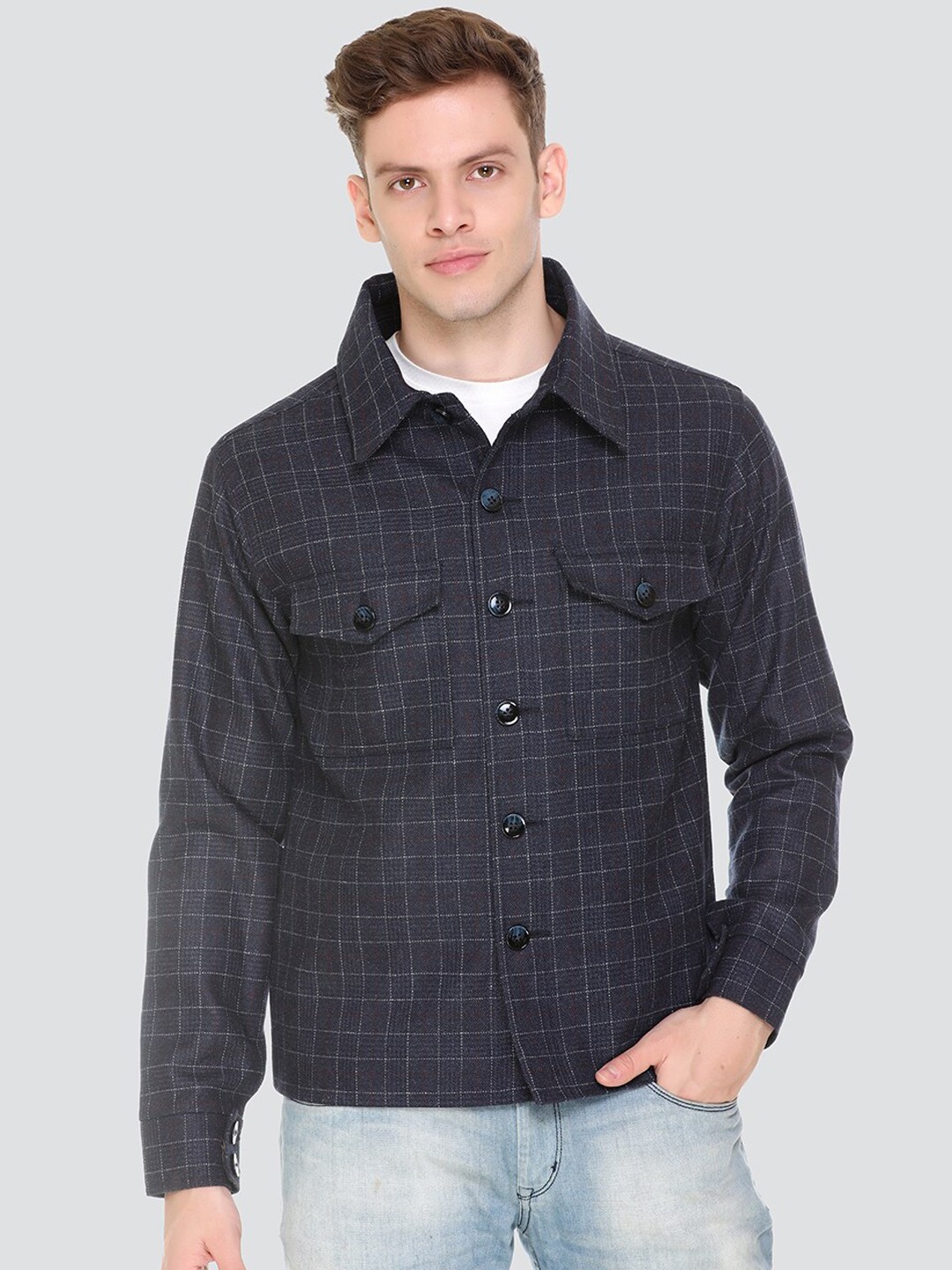 

HONNETE Men Navy Blue Checked Lightweight Outdoor Tailored Jacket