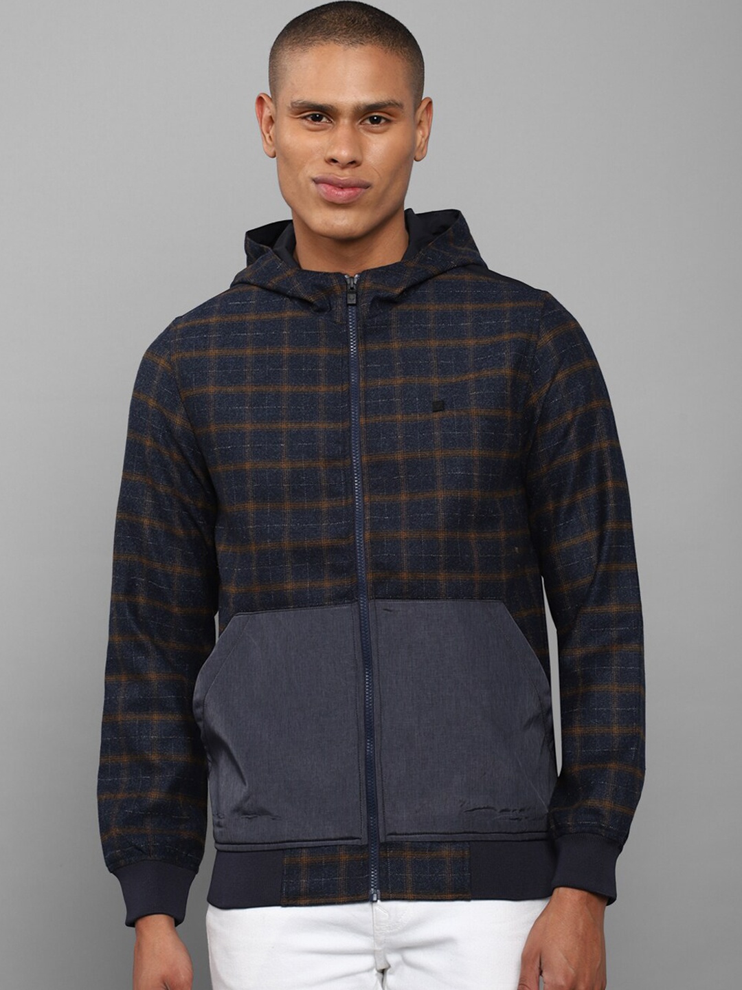 

Allen Solly Men Navy Blue & Mustard Yellow Checked Cotton Bomber Jacket