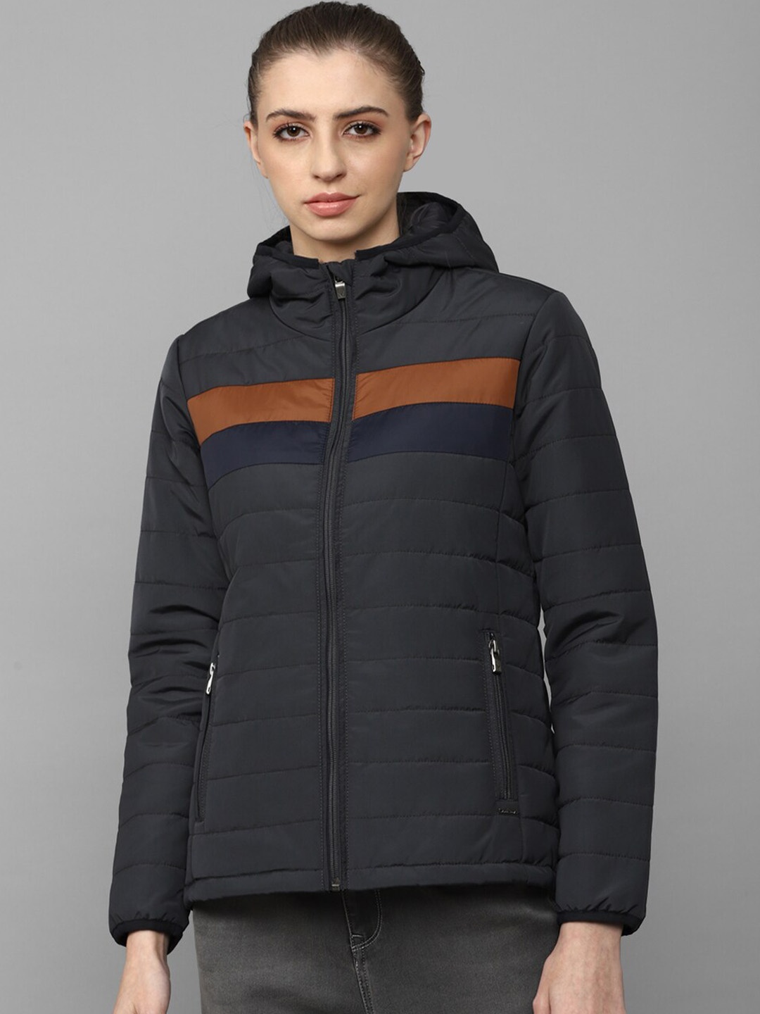 

Allen Solly Woman Women Black Brown Cotton Colourblocked Puffer Jacket