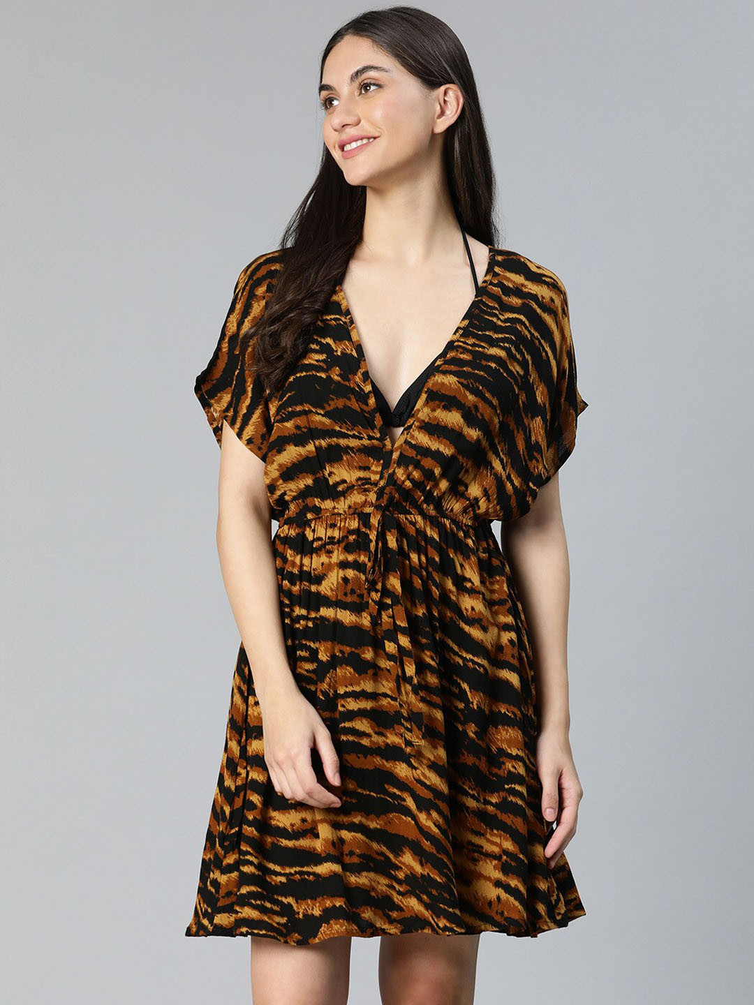 

Oxolloxo Animal Printed Tie-Up Dress, Brown