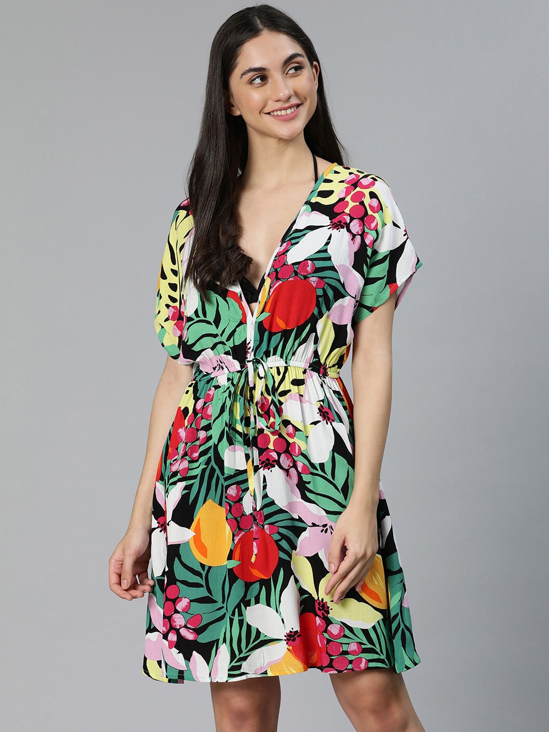 

Oxolloxo Women Green & Red Floral Printed Viscose Rayon Kaftan Style Swim Dress