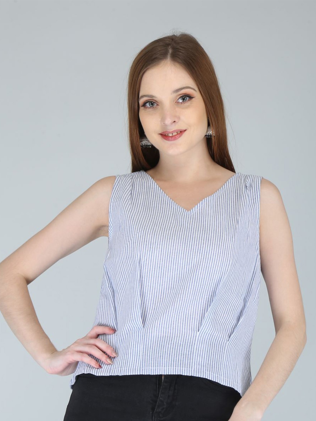 

NeshamaKurti White & Blue Striped Cotton Linen Top