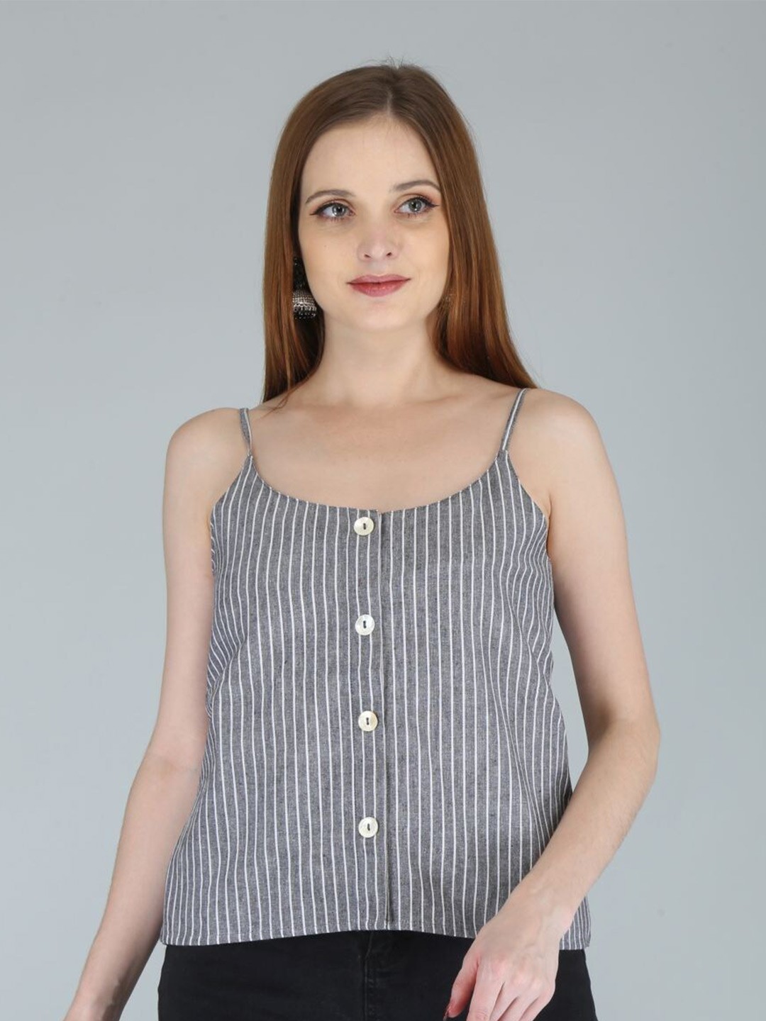 

NeshamaKurti Grey & White Striped Cotton Linen Top