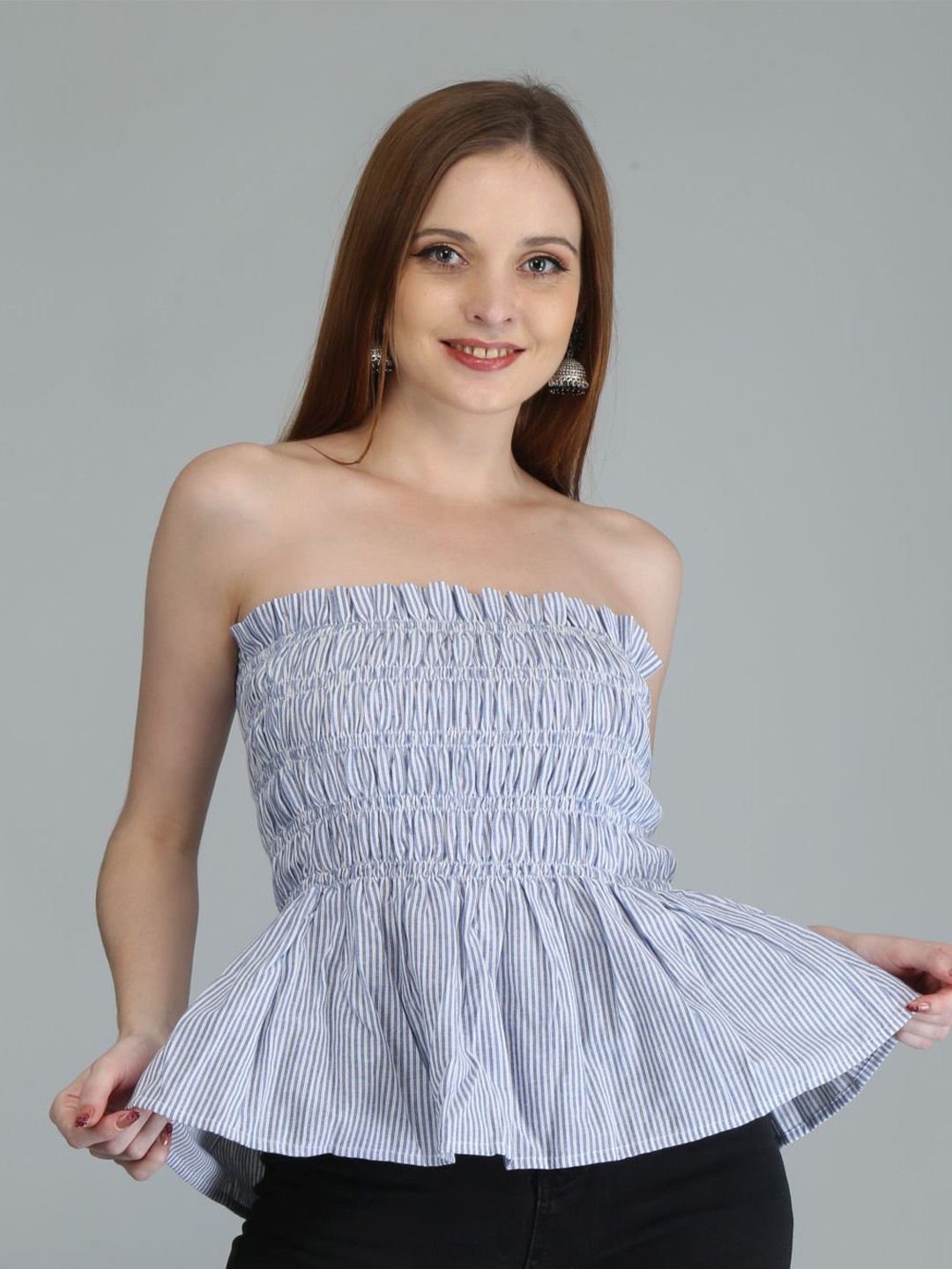 

NeshamaKurti Blue & White Striped Cotton Linen Off-Shoulder Tube Top