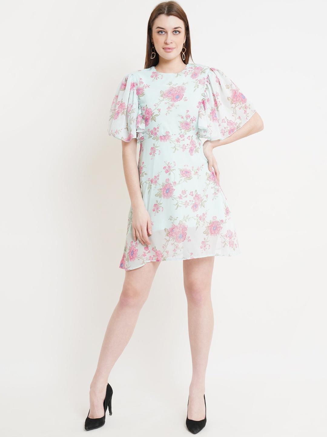 

DODO & MOA Sea Green & Pink Floral Georgette A-Line Dress