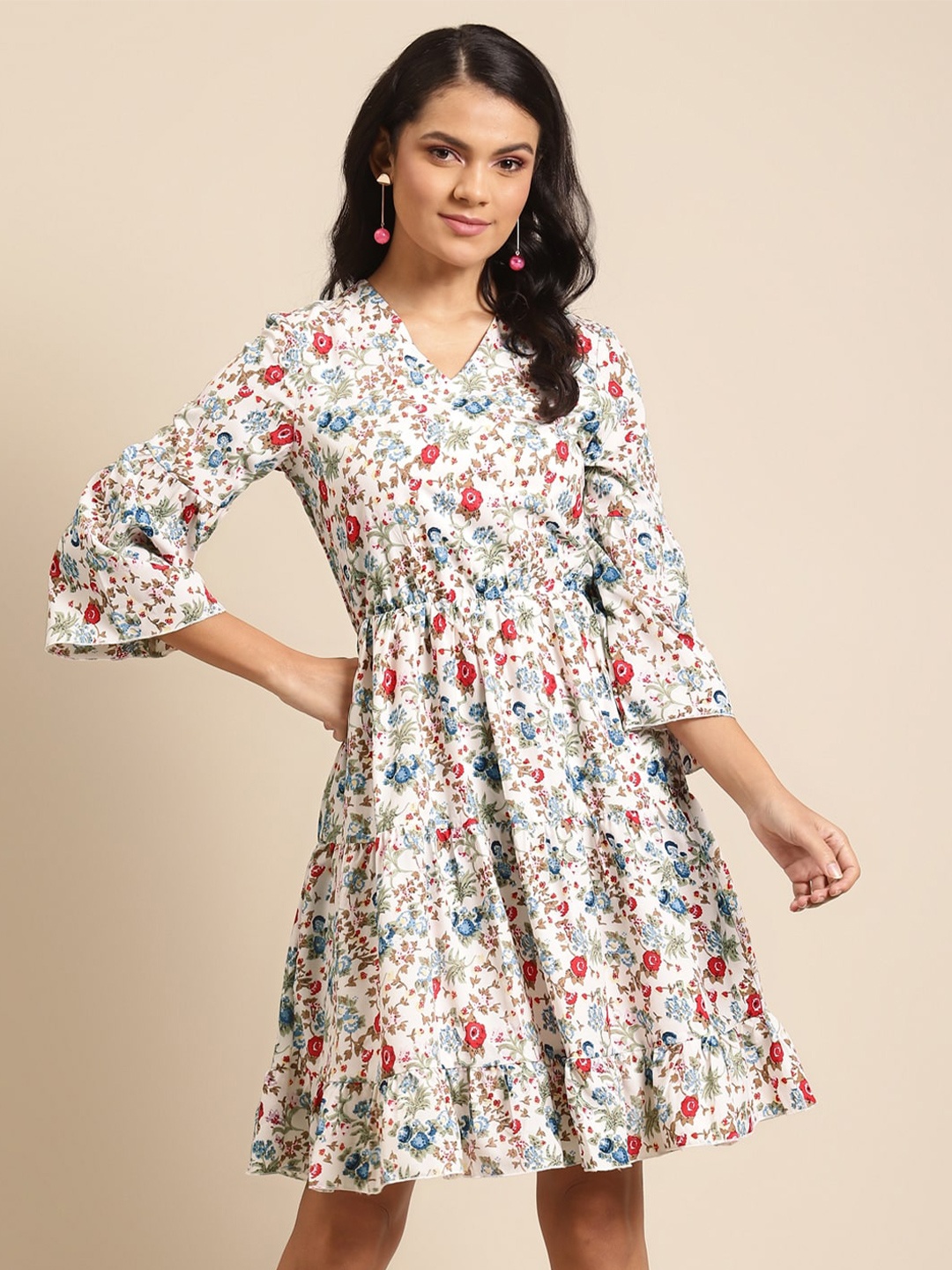 

DODO & MOA White & Red Floral A-Line Dress
