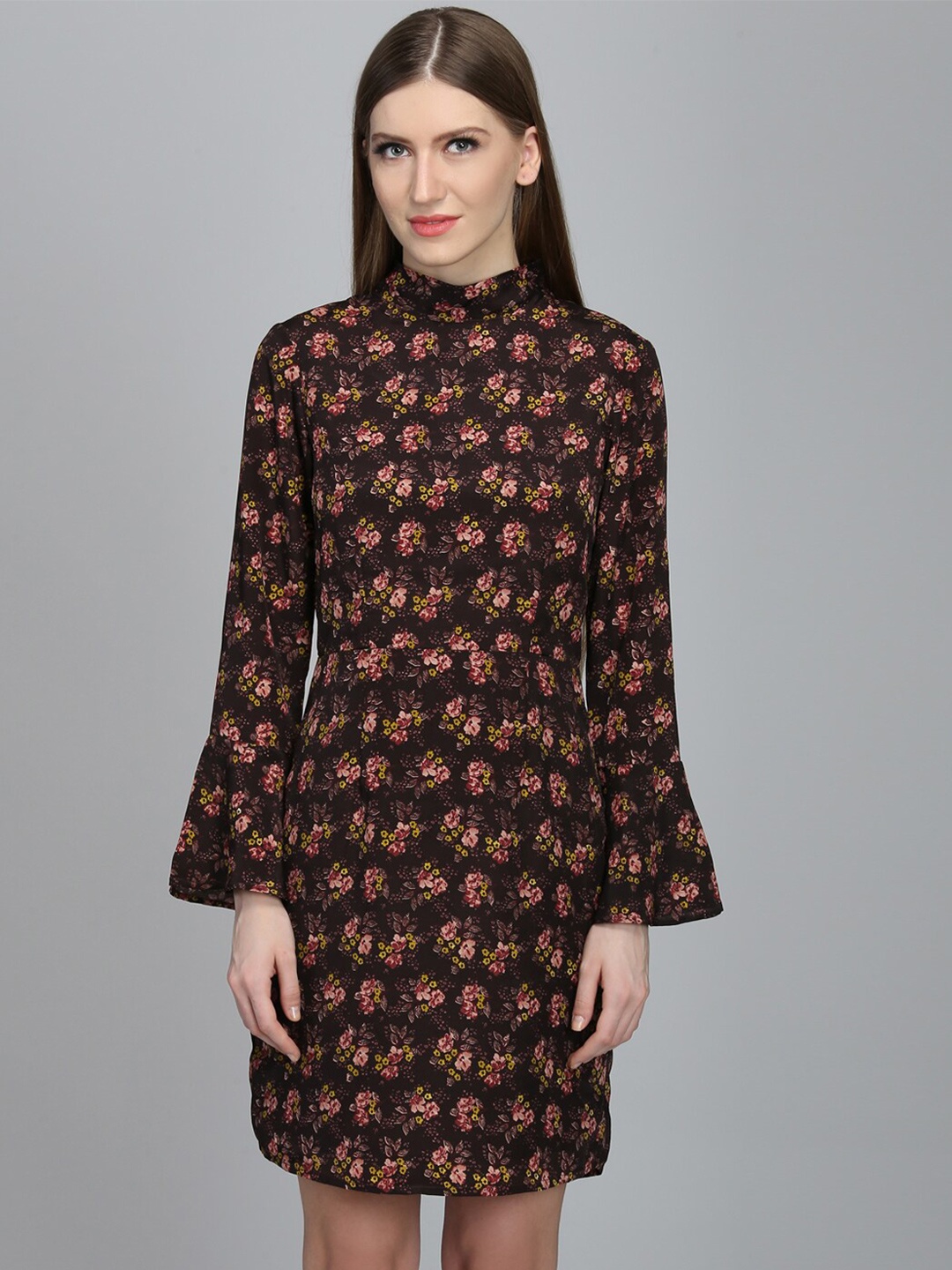 

DODO & MOA Brown Floral Tie-Up Neck A-Line Dress