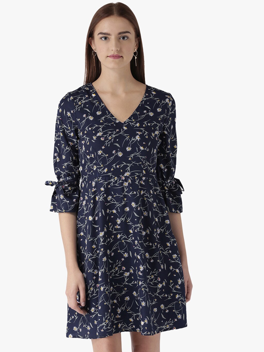 

DODO & MOA Navy Blue & White Floral A-Line Dress