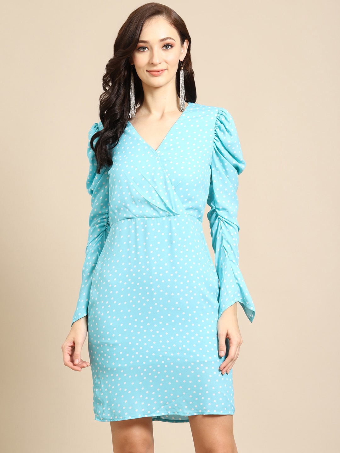 

DODO & MOA Polka Dots Printed Crepe Wrap Dress, Turquoise blue