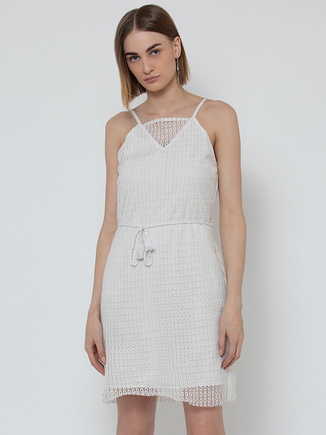 

DODO & MOA Self Design A-Line Sleeveless Dress, White