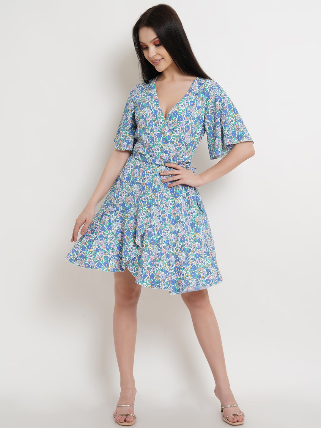 

DODO & MOA Blue Floral Fit & Flare Crepe Dress