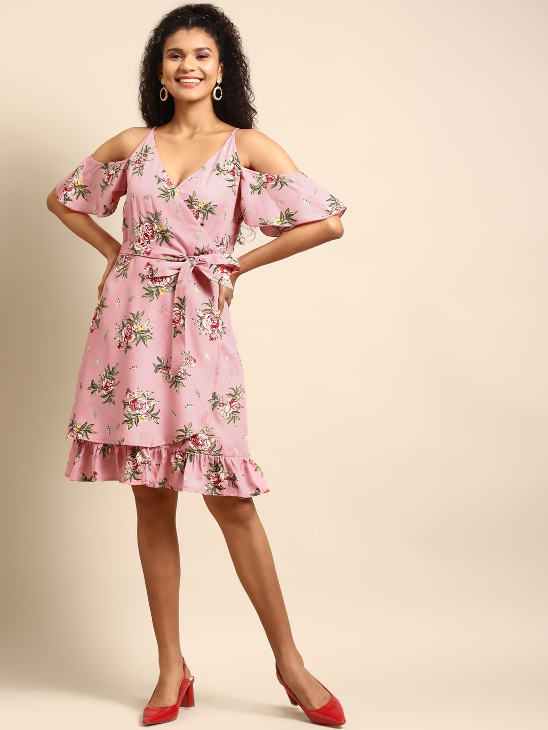 

DODO & MOA Pink Floral Printed cold-shoulder Crepe Dress