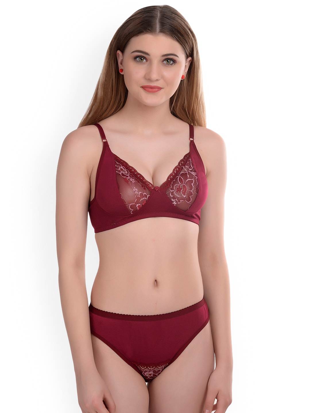 

AROUSY Marron Self-Design Laced Lingerie Set, Maroon