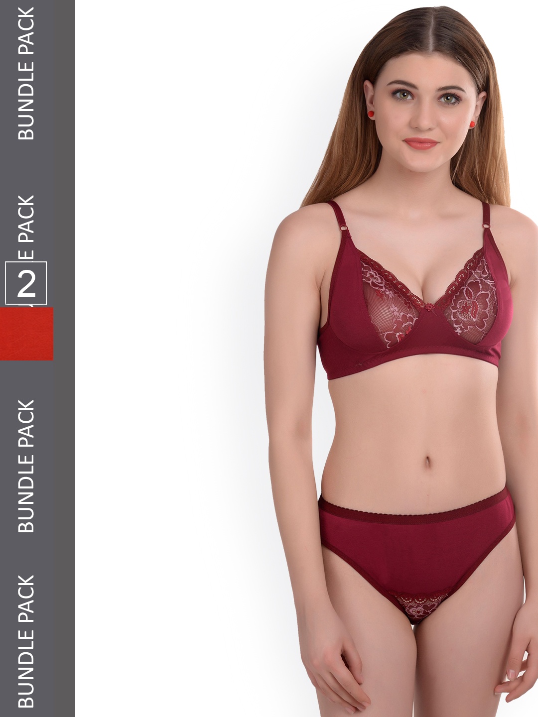 

AROUSY Pack of 2 Self Design Lace Cotton Lingerie Set, Red