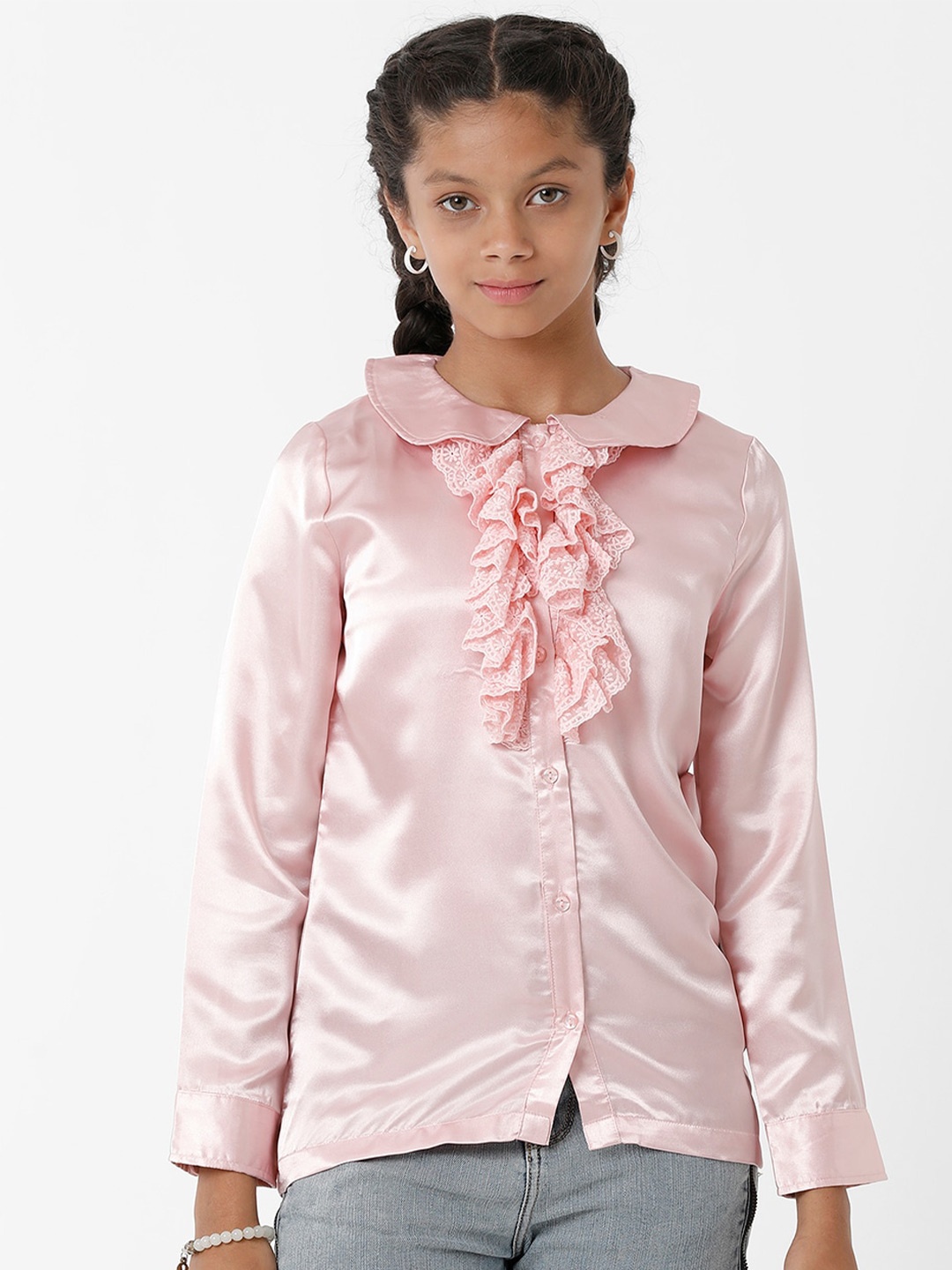 

KATE & OSCAR Pink Peter Pan Collar Ruffles Georgette Shirt Style Top